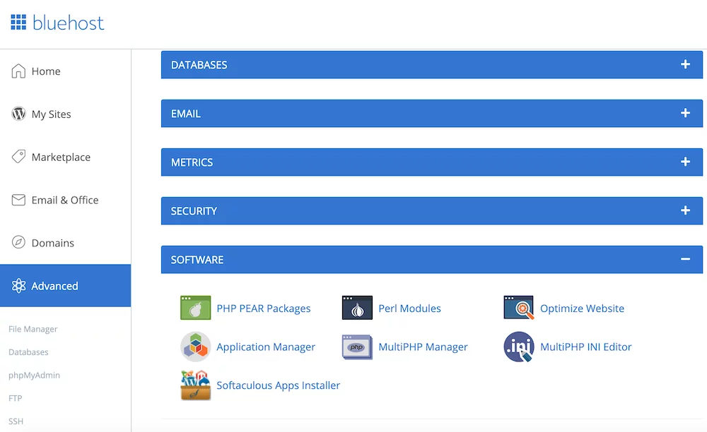 Bluehost MultiPHP manager