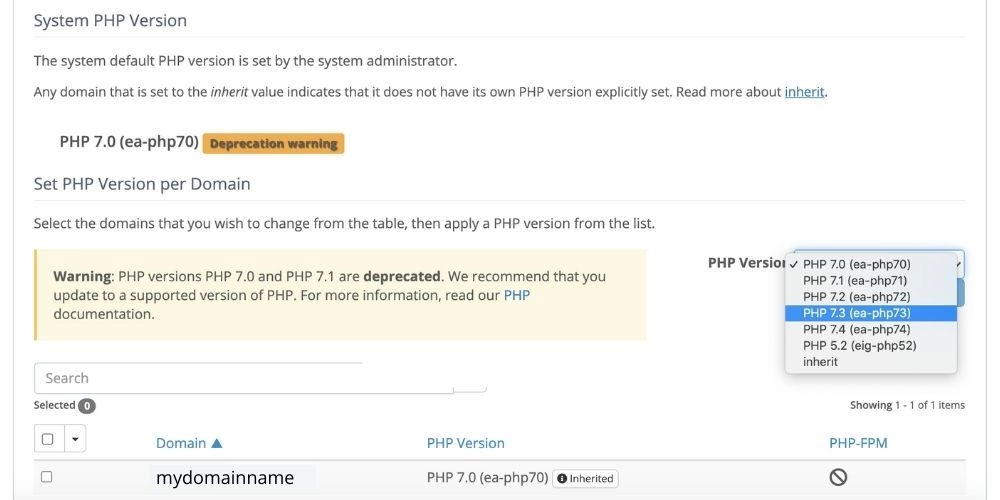 PHP version - version dropdown