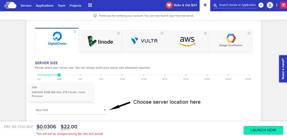 WP hosting providers detailed comparison 2021 - Cloudways free trial settings