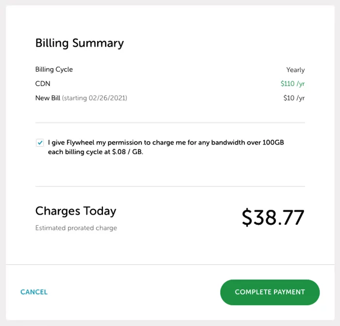 WP hosting providers detailed comparison 2021 - FlyWheel billing details