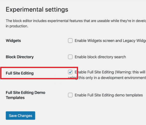 Full Site Editing - Enable Experimental Options In Gutenberg