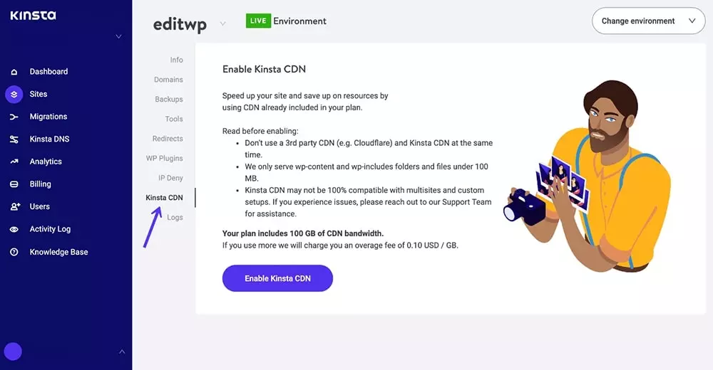 WP hosting providers detailed comparison 2021 - Kinsta: Enable CDN