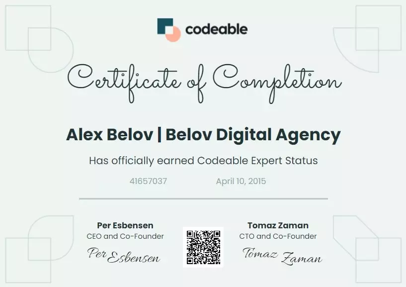 Certified WordPress Expert confirmation for Belov Digital Agency