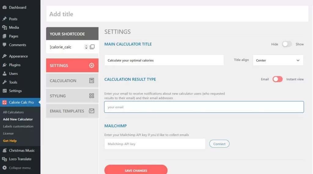 WP Calorie Calculator Pro settings