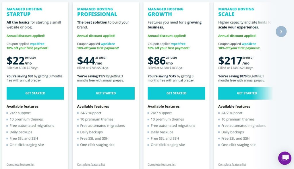 WP hosting providers detailed comparison 2021 - WP Engine pricing
