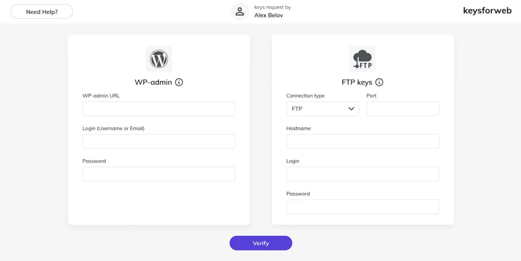 KeysForWeb request form for WP and FTP