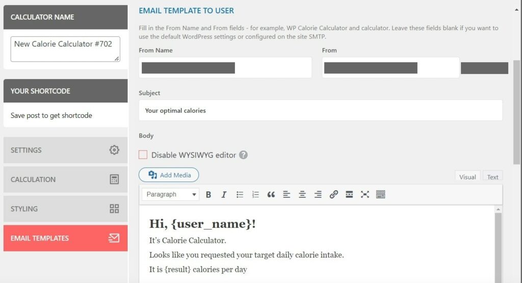 Email functionality in WP Calorie Calculator Pro