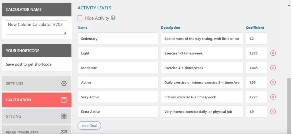 Disable activity level in calorie calculation